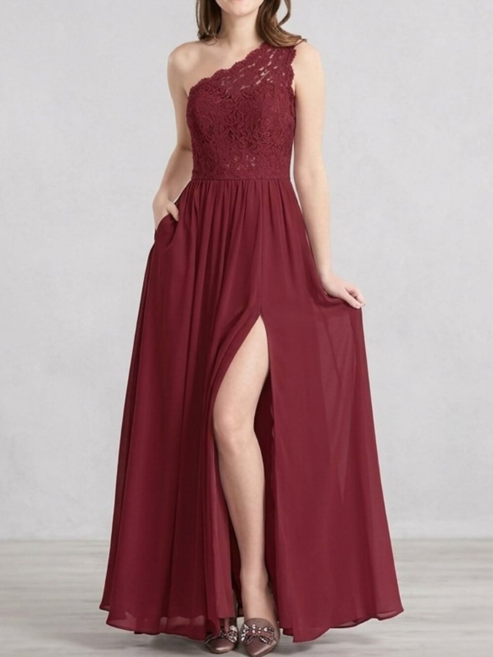 Azazie Demi Burgundy Lace One Shoulder Chiffon Bridesmaid Dress A6